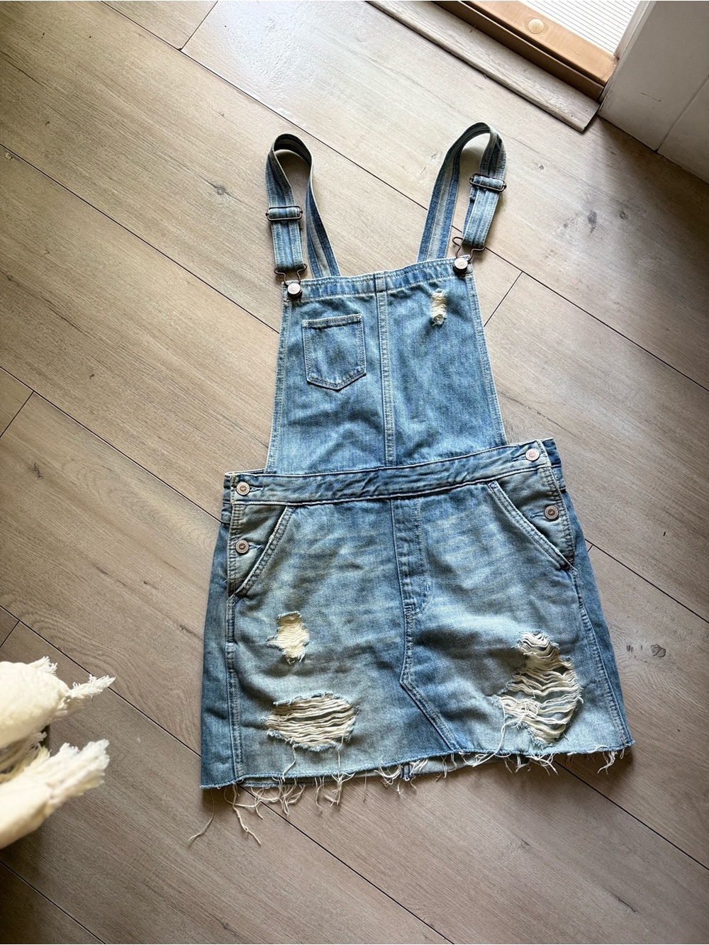 Hollister Light Blue Distressed Denim Overall Skirt